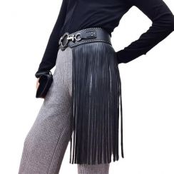 2 Pcs Black Faux Leather Punk Rocker Dance Waist Dress Belt With Tassel Fringe