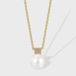 Pearl Pendant Necklace 18K Gold Plated Brass with Simulated Pearl and Brilliant Cut Zirconia